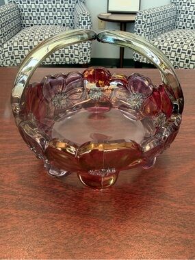 Vintage Floral Glass Basket with Handle - Amethyst/Amber